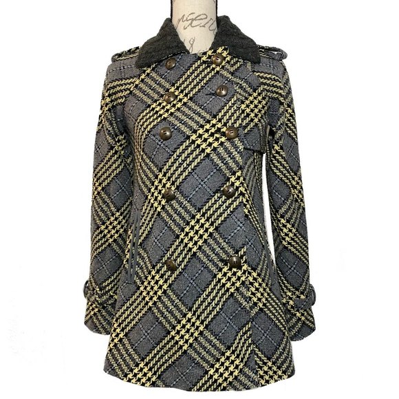 Free People Jackets & Blazers - NWOT Free People Women’s Plaid Pea Coat Size 0 Yellow Gray